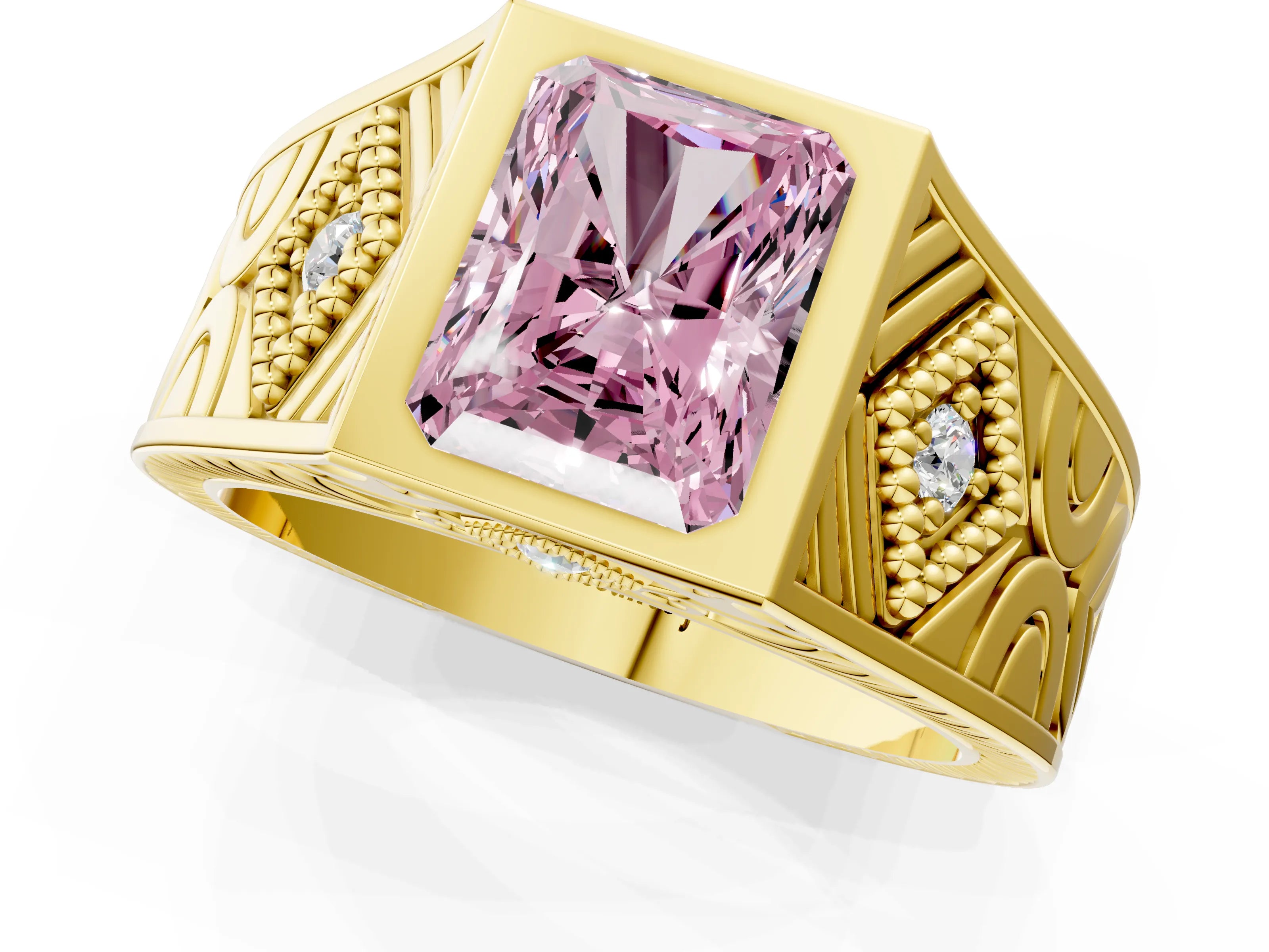 Yellow gold Hexagonal Bezel Fancy Pink Radiant Cut Diamond Engraved Band Prong Ring_25