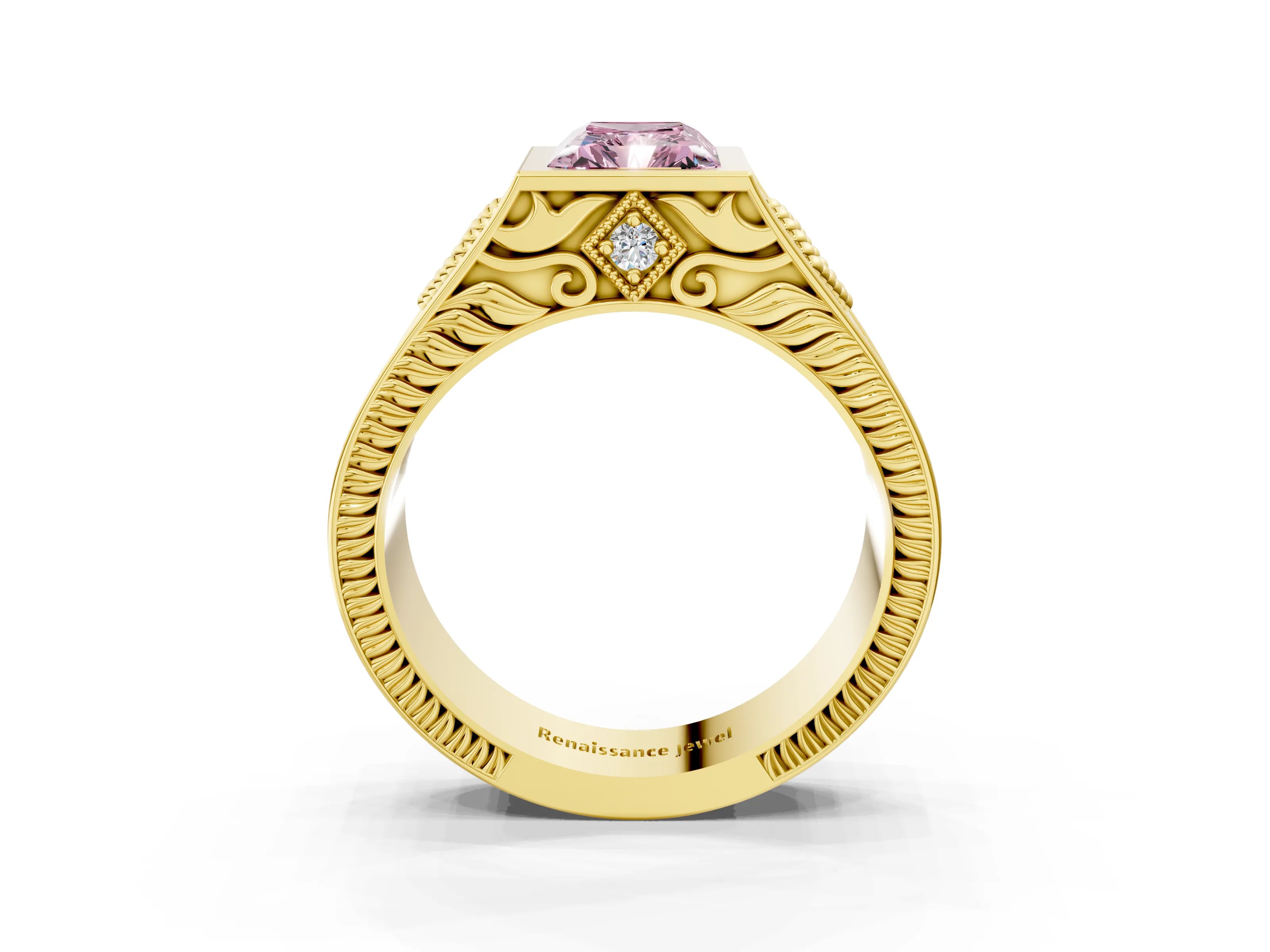 Yellow gold Hexagonal Bezel Fancy Pink Radiant Cut Diamond Engraved Band Prong Ring_27