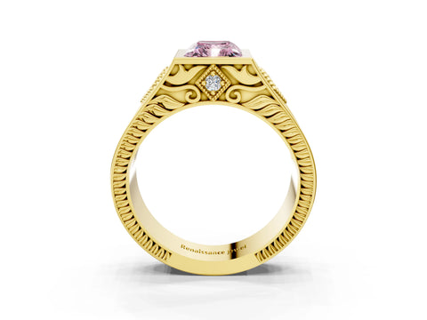 Yellow gold Hexagonal Bezel Fancy Pink Radiant Cut Diamond Engraved Band Prong Ring_27