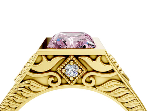 Yellow gold Hexagonal Bezel Fancy Pink Radiant Cut Diamond Engraved Band Prong Ring_28