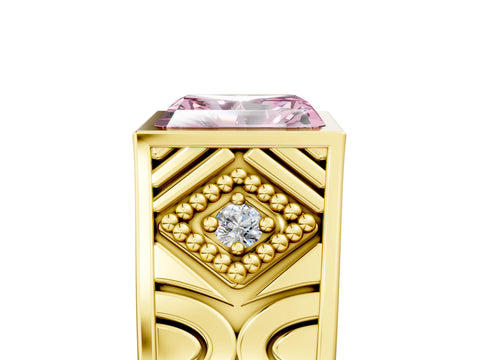 Yellow gold Hexagonal Bezel Fancy Pink Radiant Cut Diamond Engraved Band Prong Ring_29