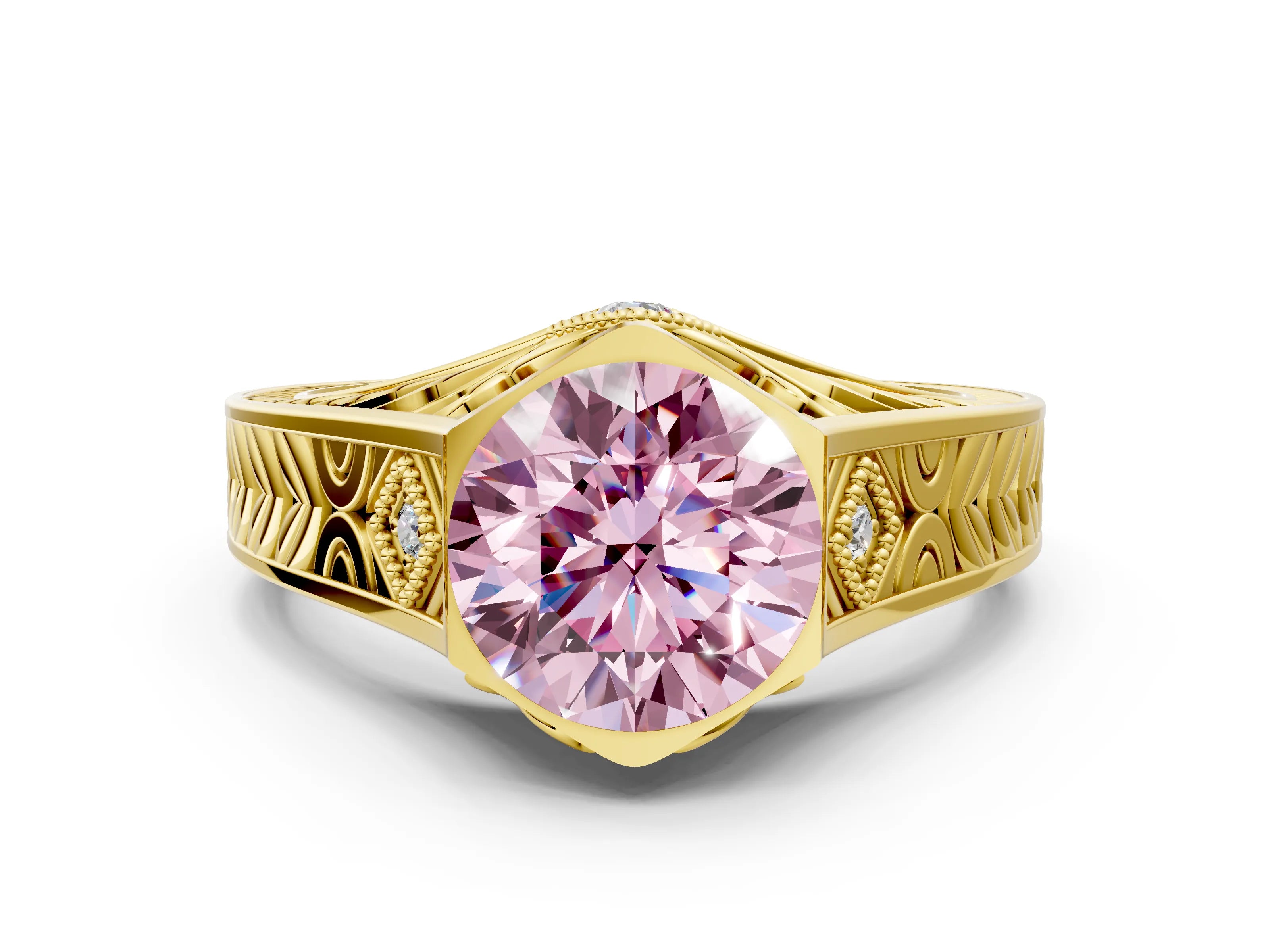 Yellow gold Hexagonal Bezel Fancy Pink Round Cut Diamond Engraved Band Prong Ring