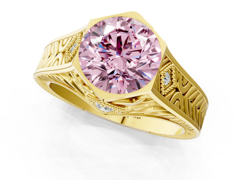 Yellow gold Hexagonal Bezel Fancy Pink Round Cut Diamond Engraved Band Prong Ring_1