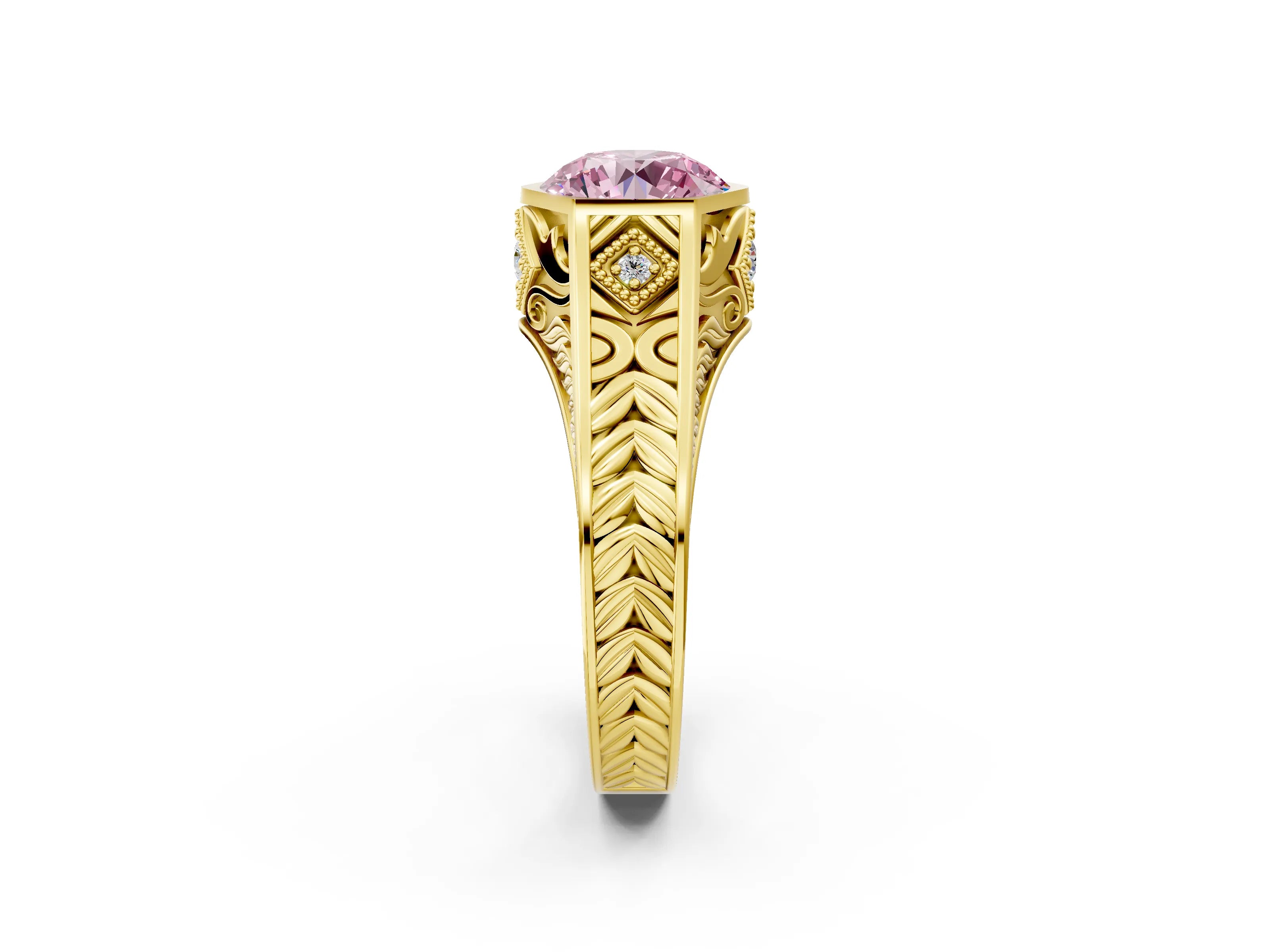 Yellow gold Hexagonal Bezel Fancy Pink Round Cut Diamond Engraved Band Prong Ring_2