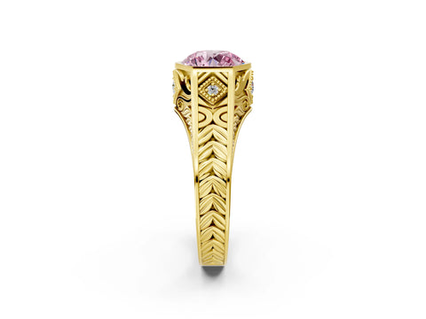 Yellow gold Hexagonal Bezel Fancy Pink Round Cut Diamond Engraved Band Prong Ring_2