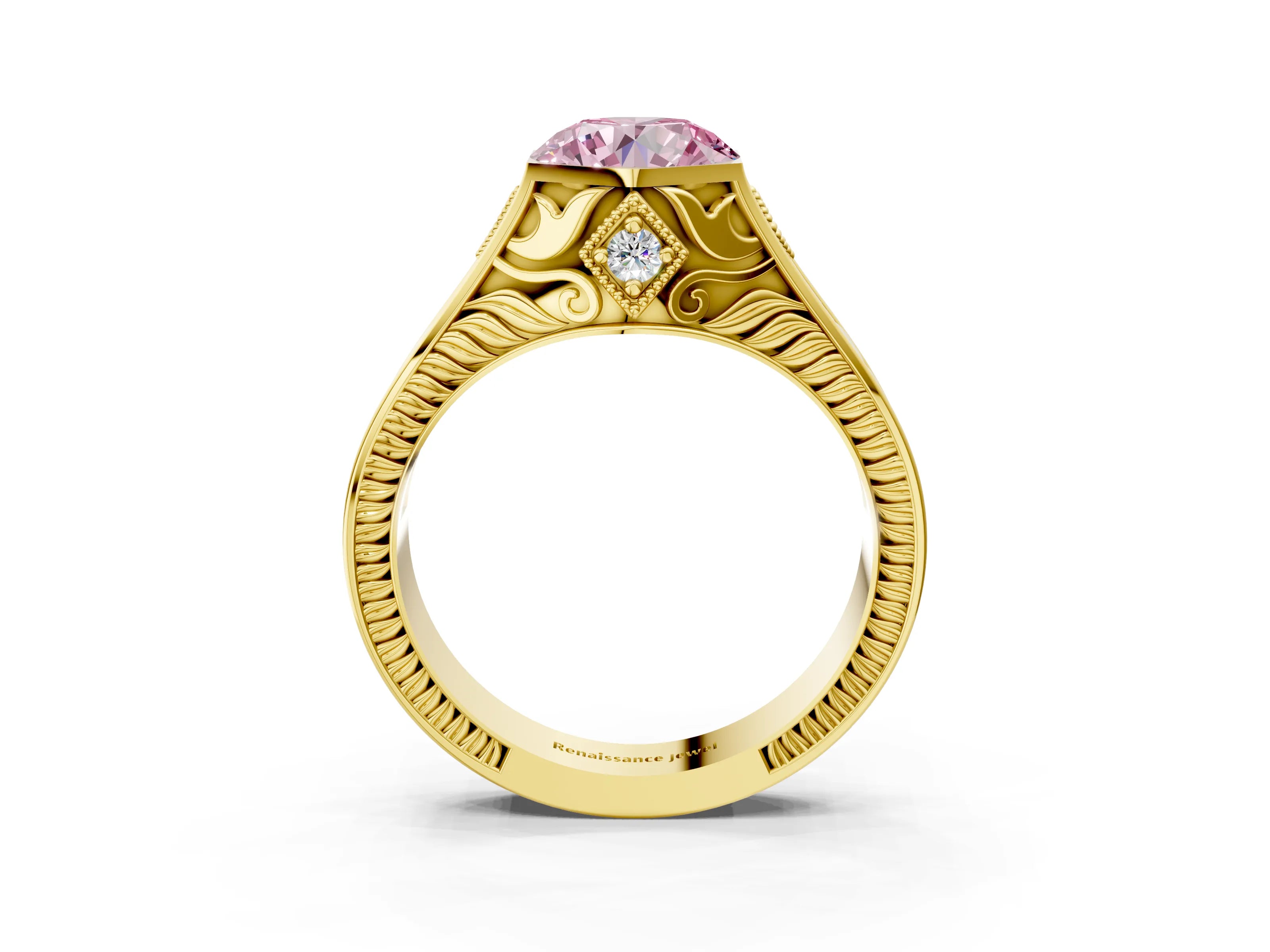 Yellow gold Hexagonal Bezel Fancy Pink Round Cut Diamond Engraved Band Prong Ring_3