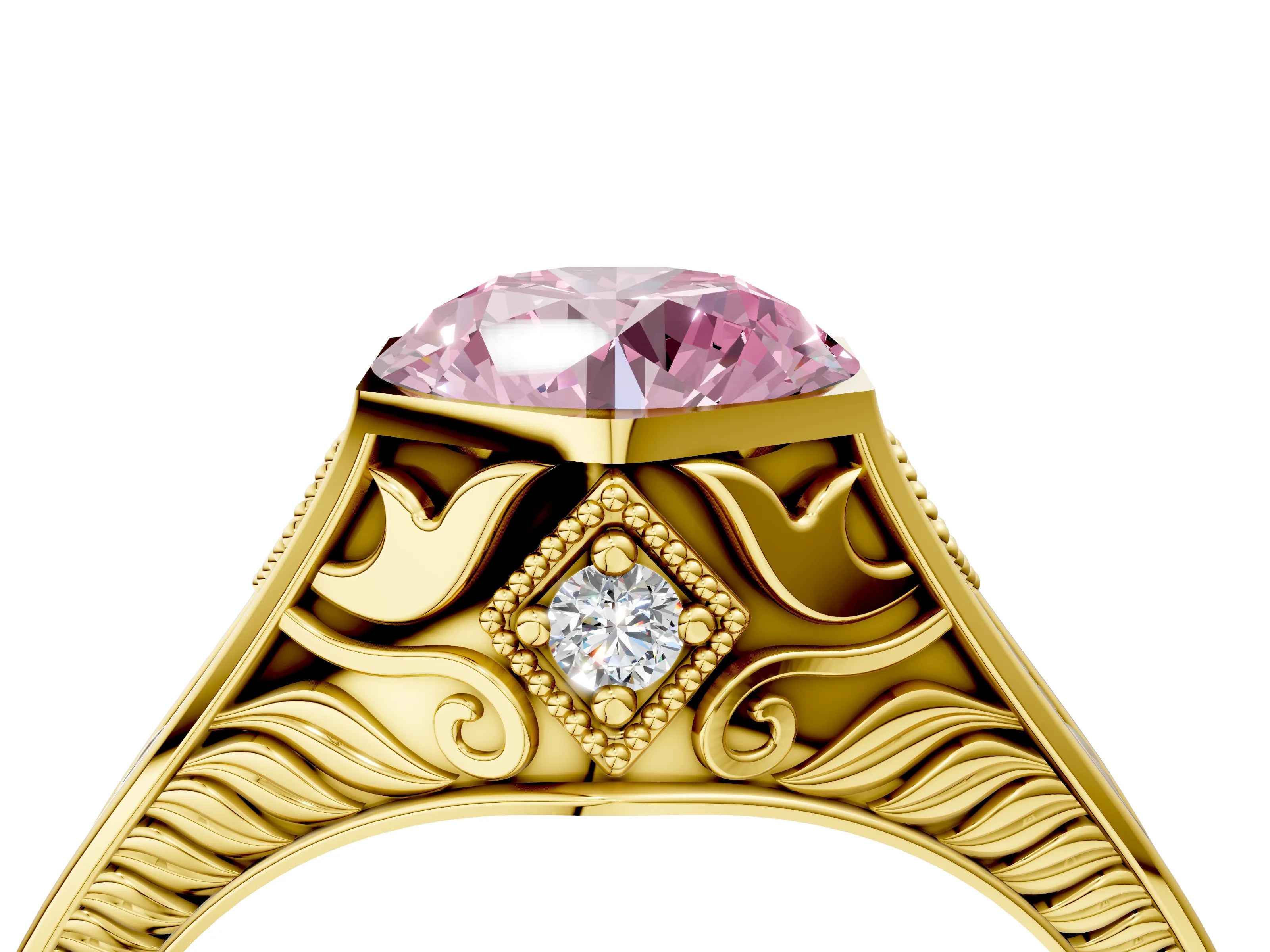 Yellow gold Hexagonal Bezel Fancy Pink Round Cut Diamond Engraved Band Prong Ring_4