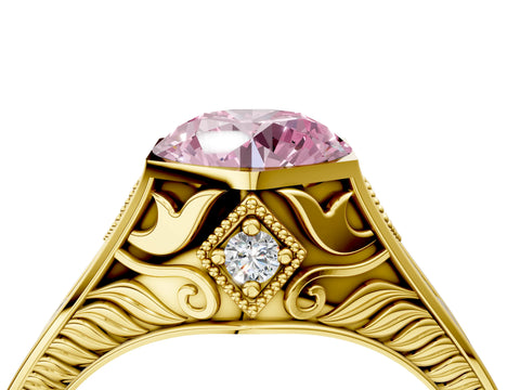 Yellow gold Hexagonal Bezel Fancy Pink Round Cut Diamond Engraved Band Prong Ring_4
