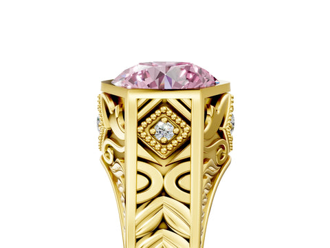 Yellow gold Hexagonal Bezel Fancy Pink Round Cut Diamond Engraved Band Prong Ring_5