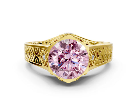 Yellow gold Hexagonal Bezel Fancy Pink Round Cut Diamond Engraved Band Prong Ring
