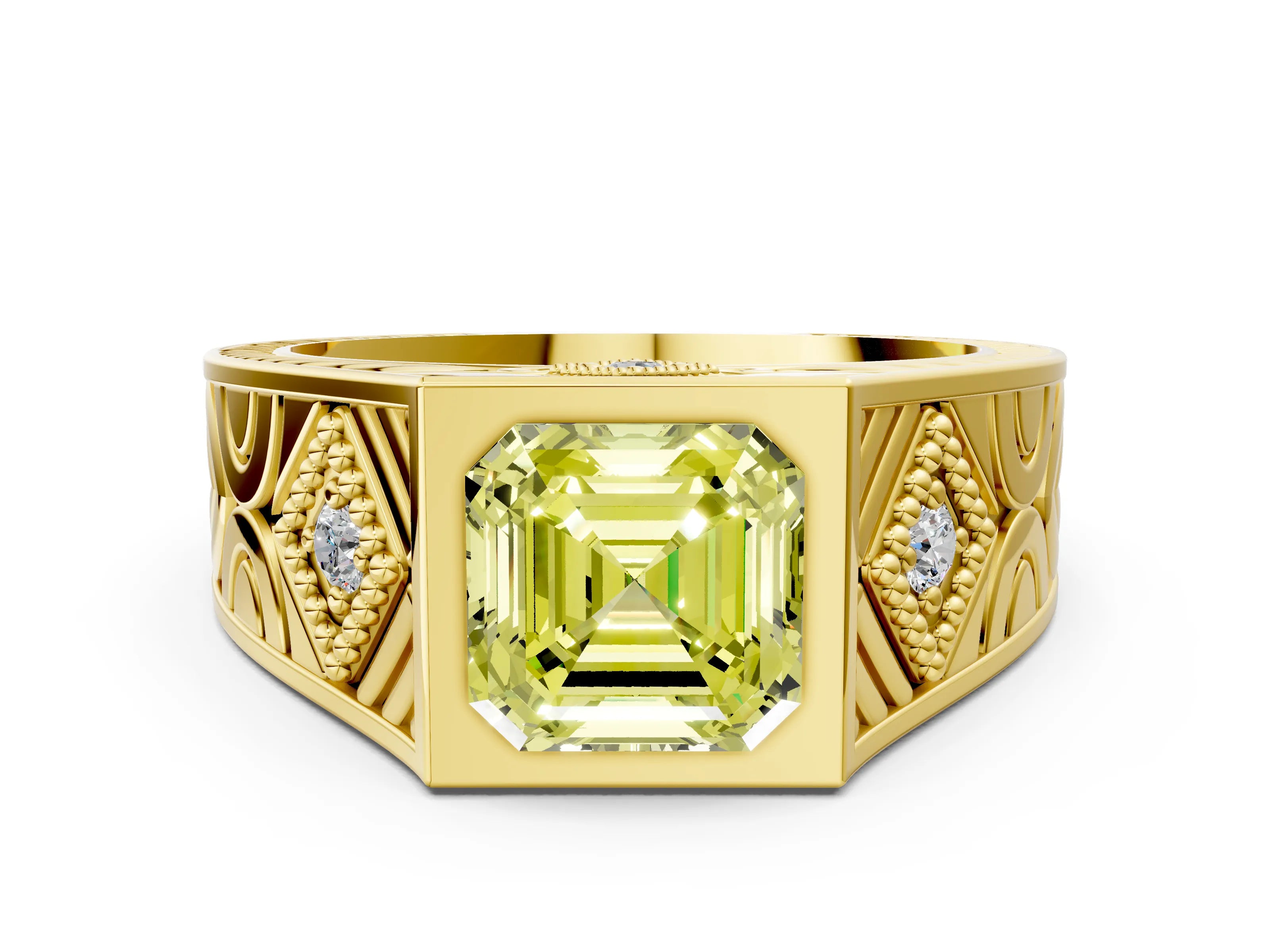 Yellow gold Hexagonal Bezel Fancy Yellow Asscher Cut Diamond Engraved Band Prong Ring