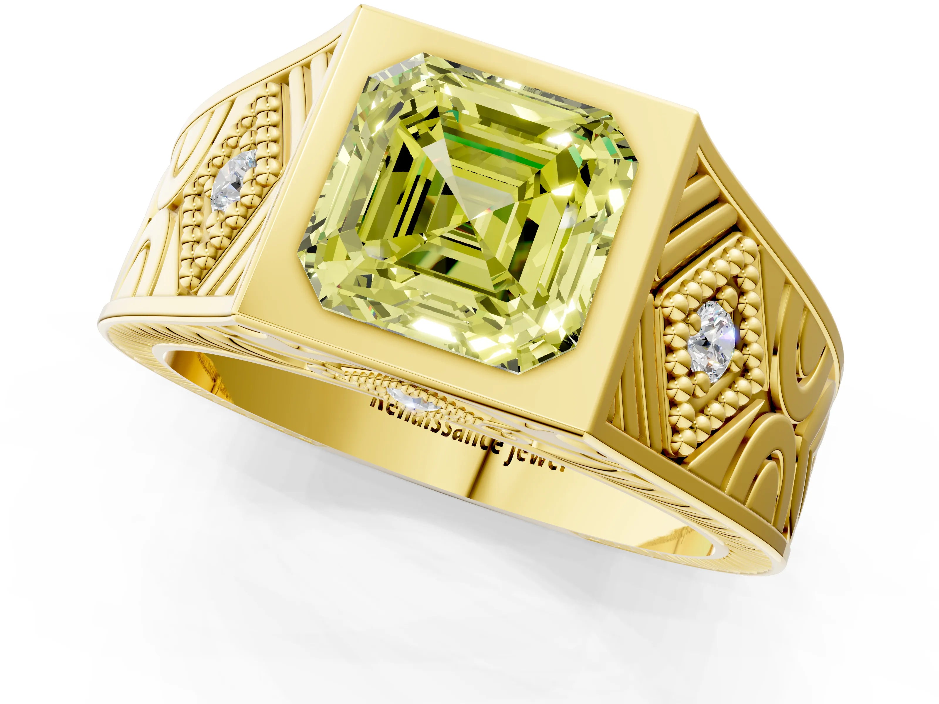 Yellow gold Hexagonal Bezel Fancy Yellow Asscher Cut Diamond Engraved Band Prong Ring_1