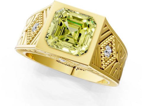Yellow gold Hexagonal Bezel Fancy Yellow Asscher Cut Diamond Engraved Band Prong Ring_1