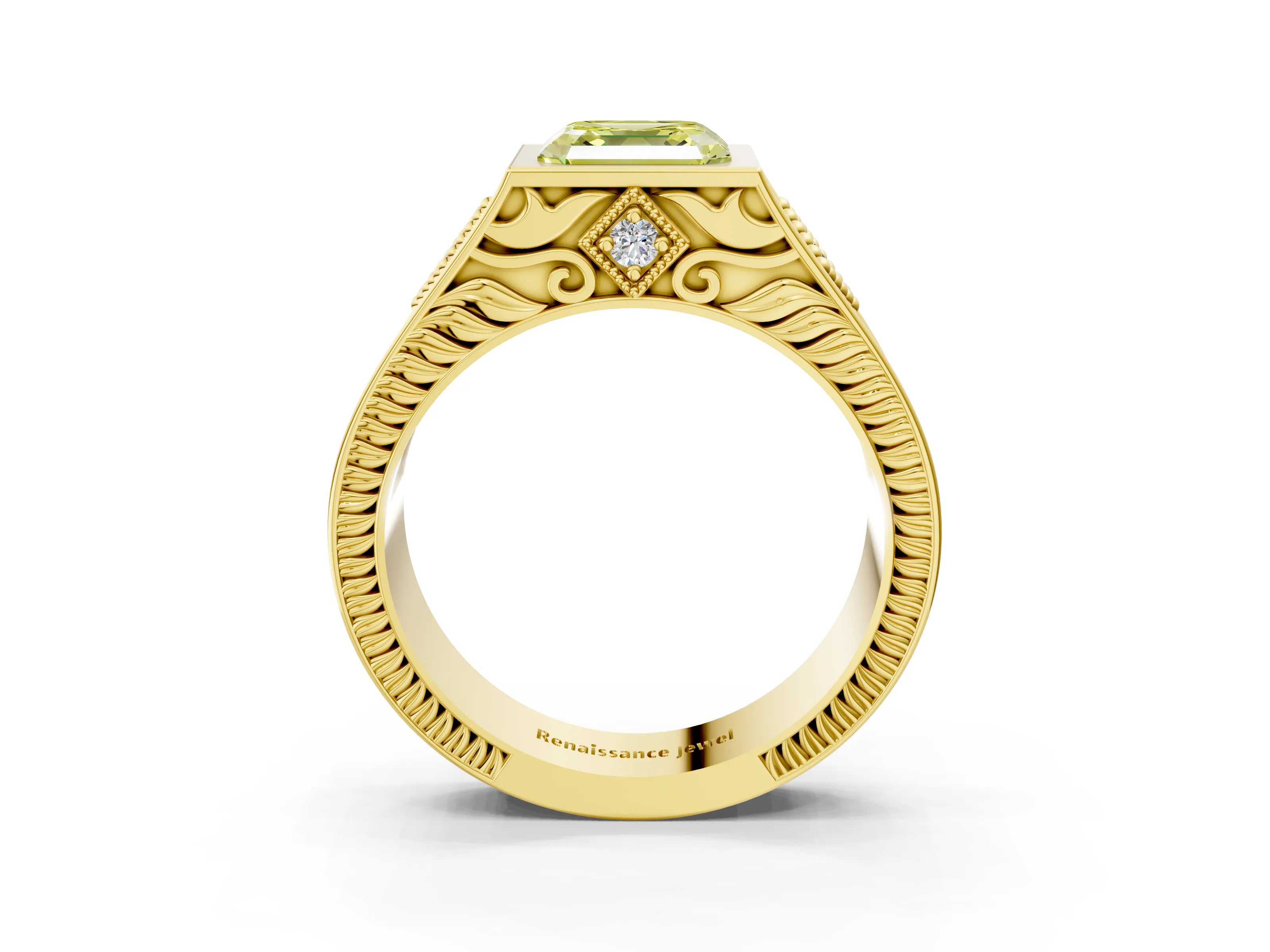 Yellow gold Hexagonal Bezel Fancy Yellow Asscher Cut Diamond Engraved Band Prong Ring_3