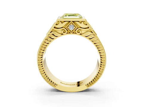 Yellow gold Hexagonal Bezel Fancy Yellow Asscher Cut Diamond Engraved Band Prong Ring_3