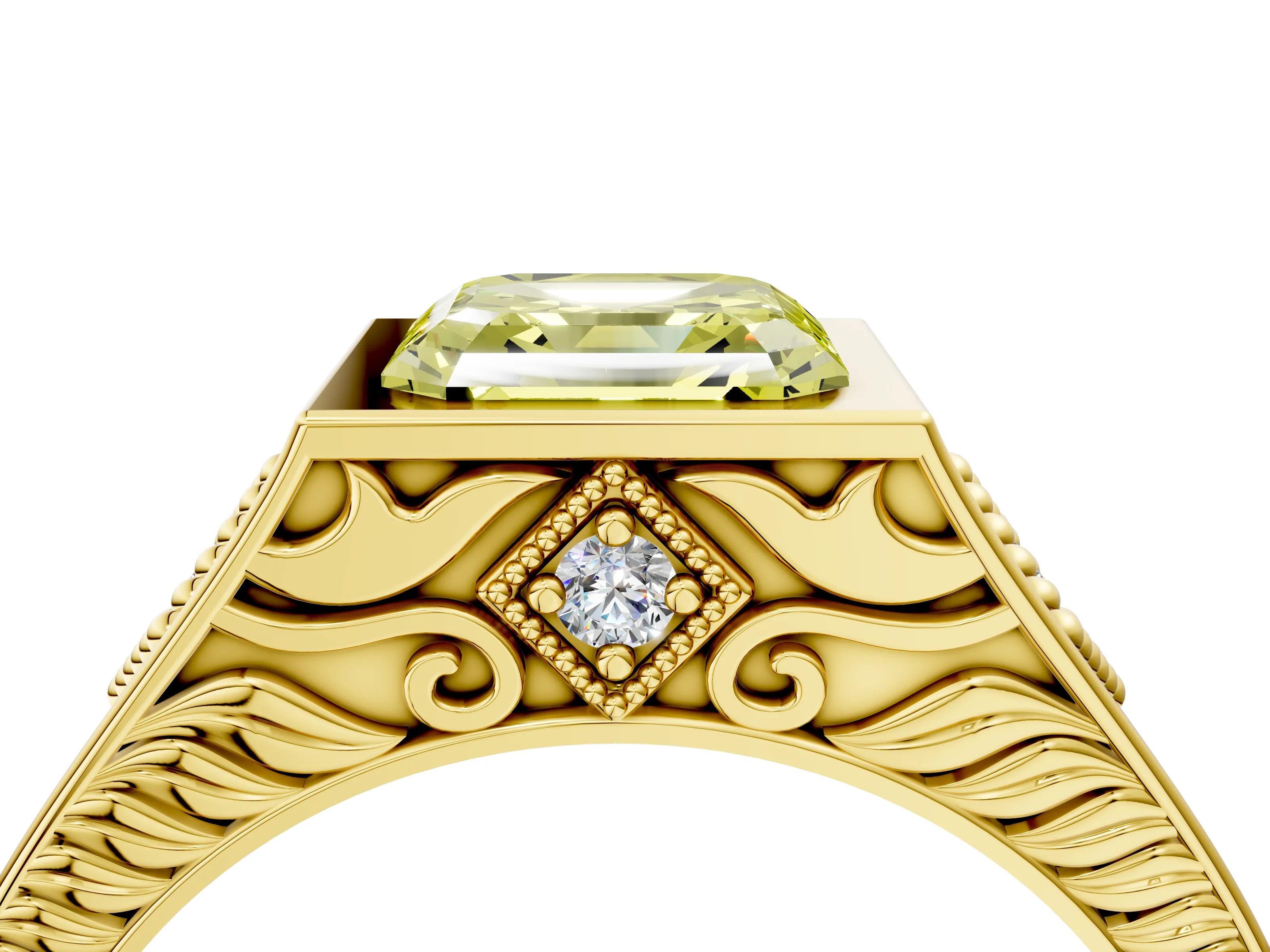 Yellow gold Hexagonal Bezel Fancy Yellow Asscher Cut Diamond Engraved Band Prong Ring_4