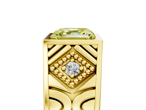Yellow gold Hexagonal Bezel Fancy Yellow Asscher Cut Diamond Engraved Band Prong Ring_5
