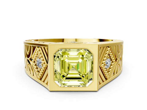 Yellow gold Hexagonal Bezel Fancy Yellow Asscher Cut Diamond Engraved Band Prong Ring