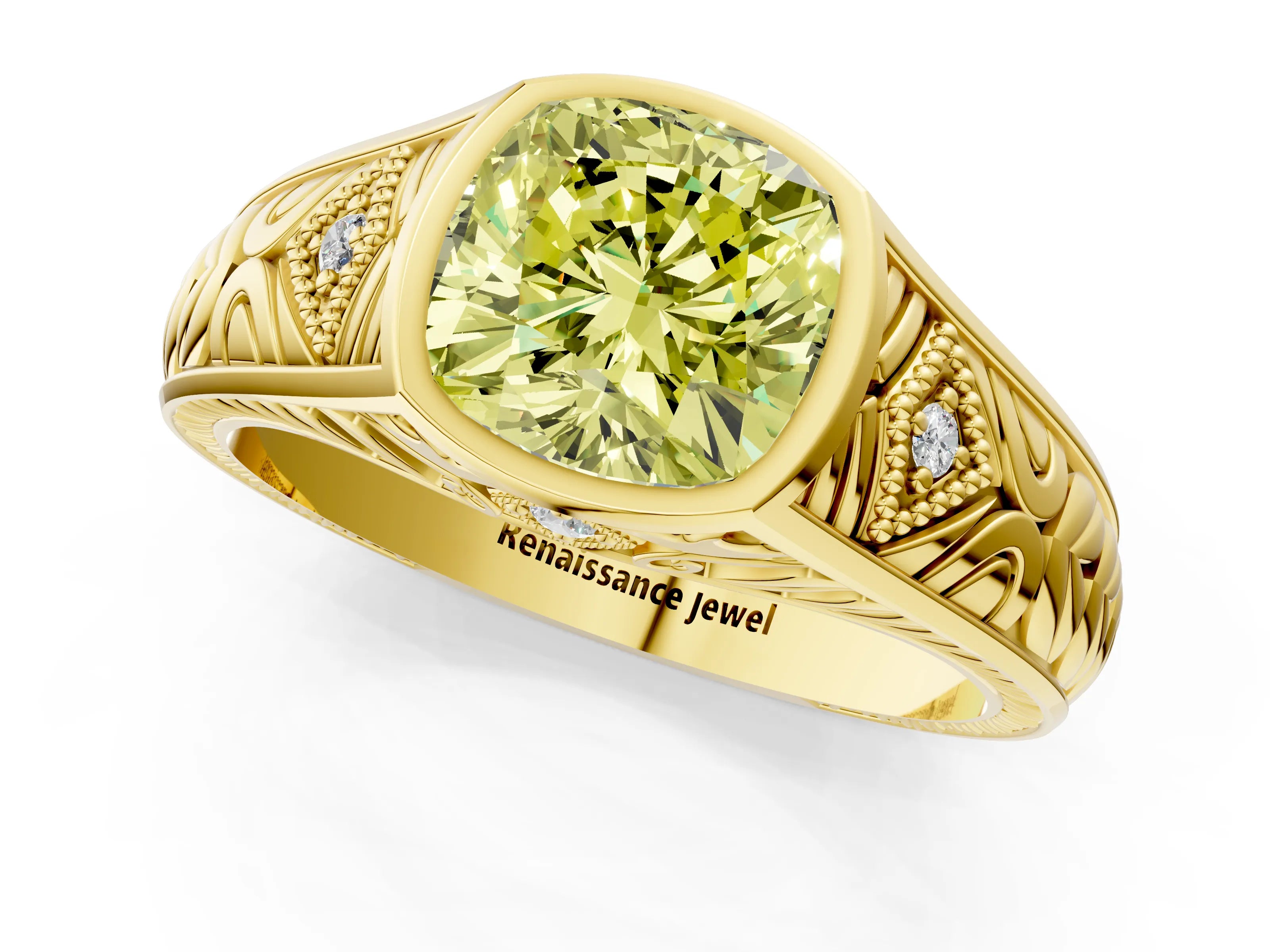 Yellow gold Hexagonal Bezel Fancy Yellow Cushion Cut Diamond Engraved Band Prong Ring_1