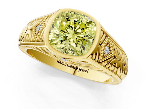 Yellow gold Hexagonal Bezel Fancy Yellow Cushion Cut Diamond Engraved Band Prong Ring_1