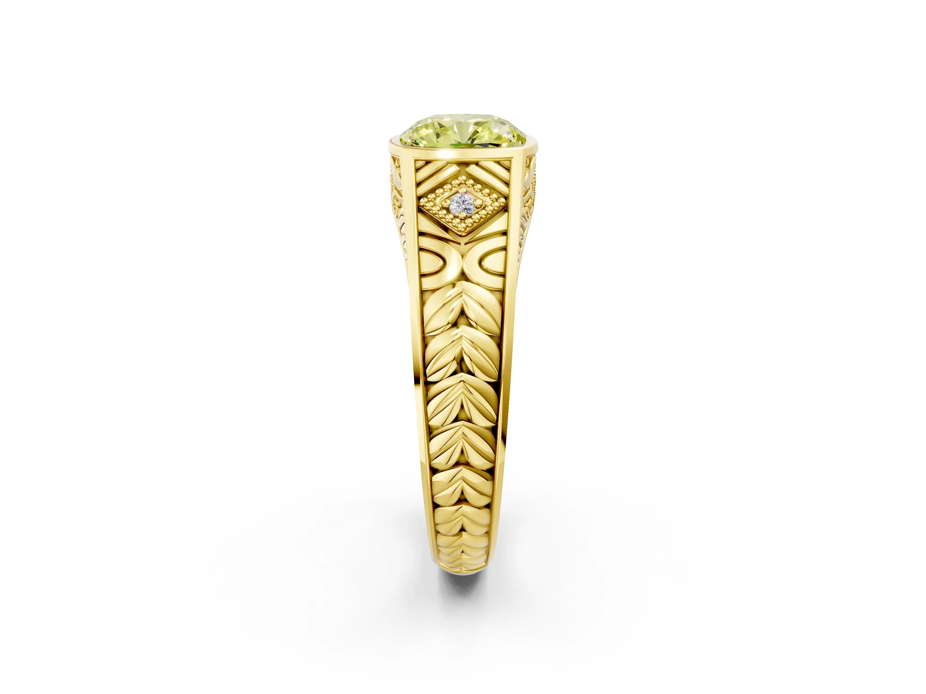 Yellow gold Hexagonal Bezel Fancy Yellow Cushion Cut Diamond Engraved Band Prong Ring_2