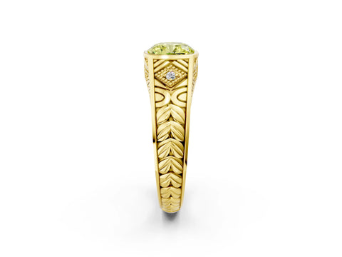 Yellow gold Hexagonal Bezel Fancy Yellow Cushion Cut Diamond Engraved Band Prong Ring_2