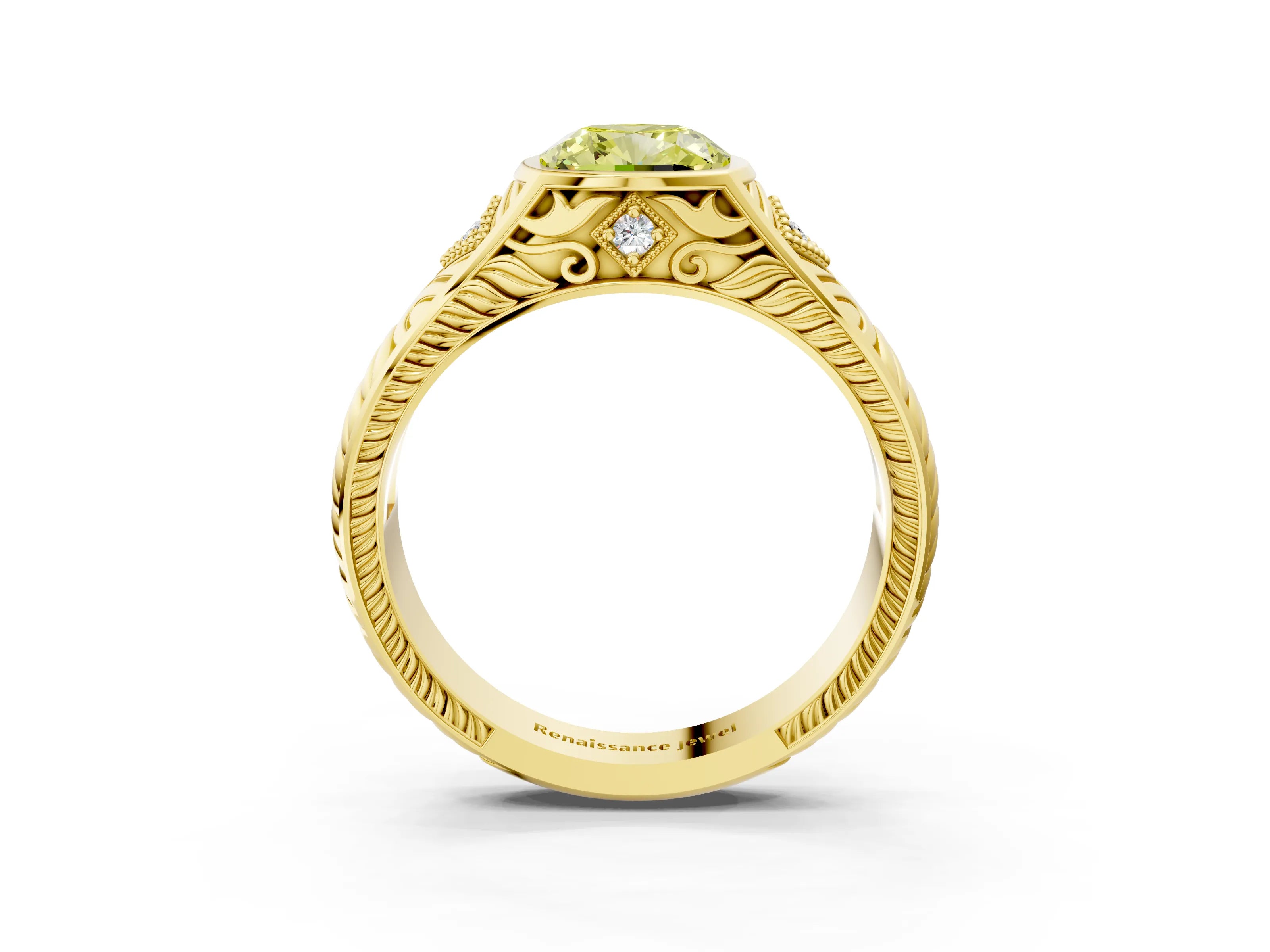 Yellow gold Hexagonal Bezel Fancy Yellow Cushion Cut Diamond Engraved Band Prong Ring_3