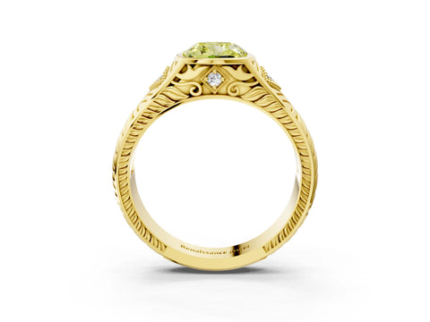 Yellow gold Hexagonal Bezel Fancy Yellow Cushion Cut Diamond Engraved Band Prong Ring_3