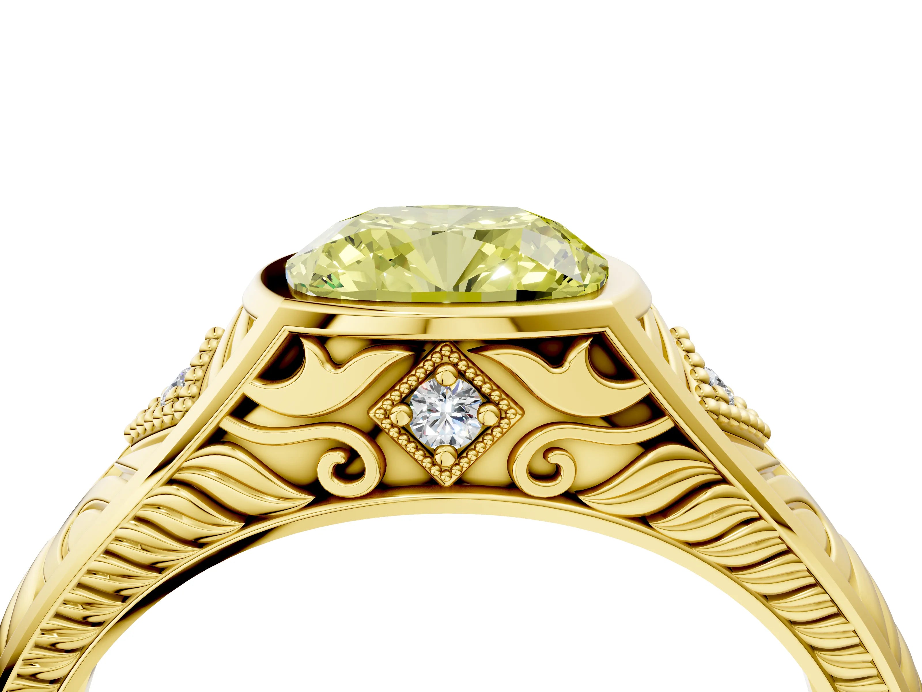 Yellow gold Hexagonal Bezel Fancy Yellow Cushion Cut Diamond Engraved Band Prong Ring_4