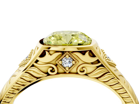 Yellow gold Hexagonal Bezel Fancy Yellow Cushion Cut Diamond Engraved Band Prong Ring_4