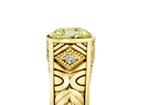 Yellow gold Hexagonal Bezel Fancy Yellow Cushion Cut Diamond Engraved Band Prong Ring_5