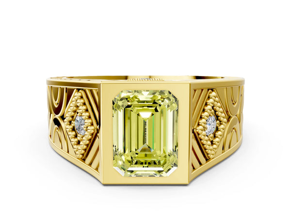 Yellow gold Hexagonal Bezel Fancy Yellow Emerald Cut Diamond Engraved Band Prong Ring