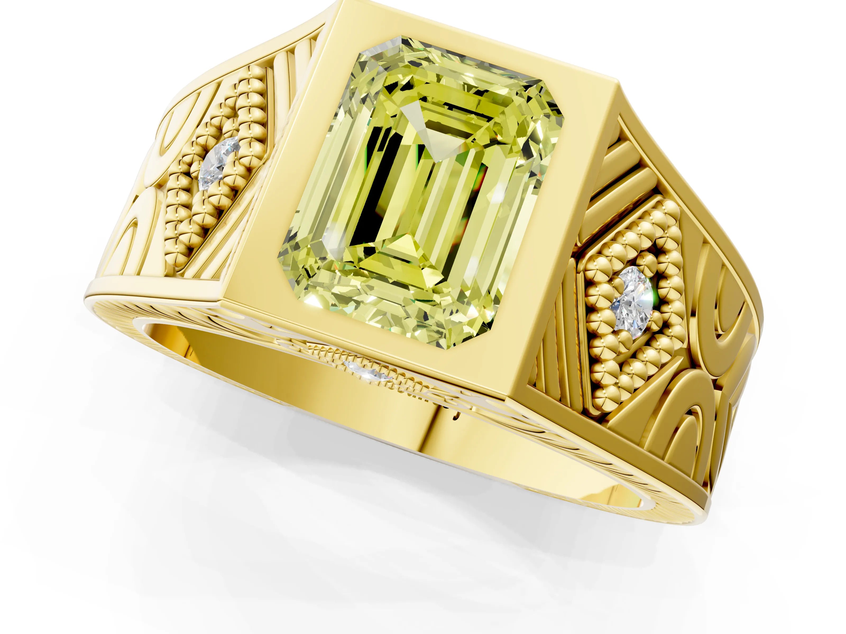 Yellow gold Hexagonal Bezel Fancy Yellow Emerald Cut Diamond Engraved Band Prong Ring_1