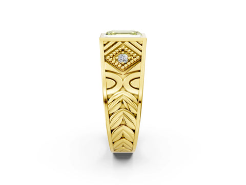 Yellow gold Hexagonal Bezel Fancy Yellow Emerald Cut Diamond Engraved Band Prong Ring_2