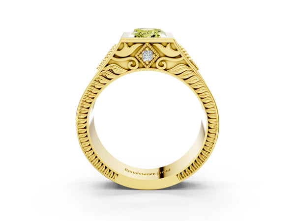 Yellow gold Hexagonal Bezel Fancy Yellow Emerald Cut Diamond Engraved Band Prong Ring