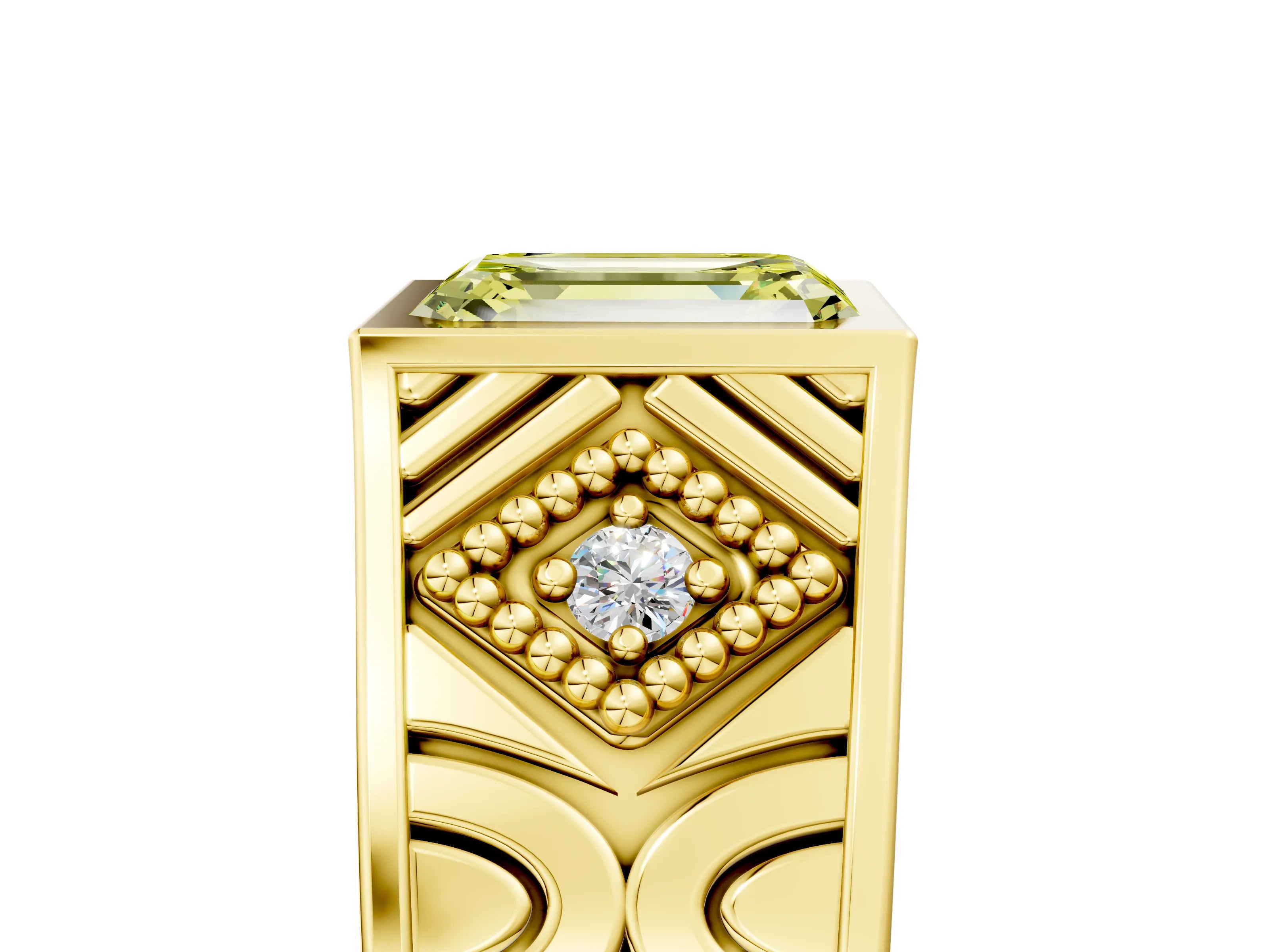 Yellow gold Hexagonal Bezel Fancy Yellow Emerald Cut Diamond Engraved Band Prong Ring_5