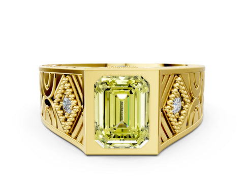 Yellow gold Hexagonal Bezel Fancy Yellow Emerald Cut Diamond Engraved Band Prong Ring