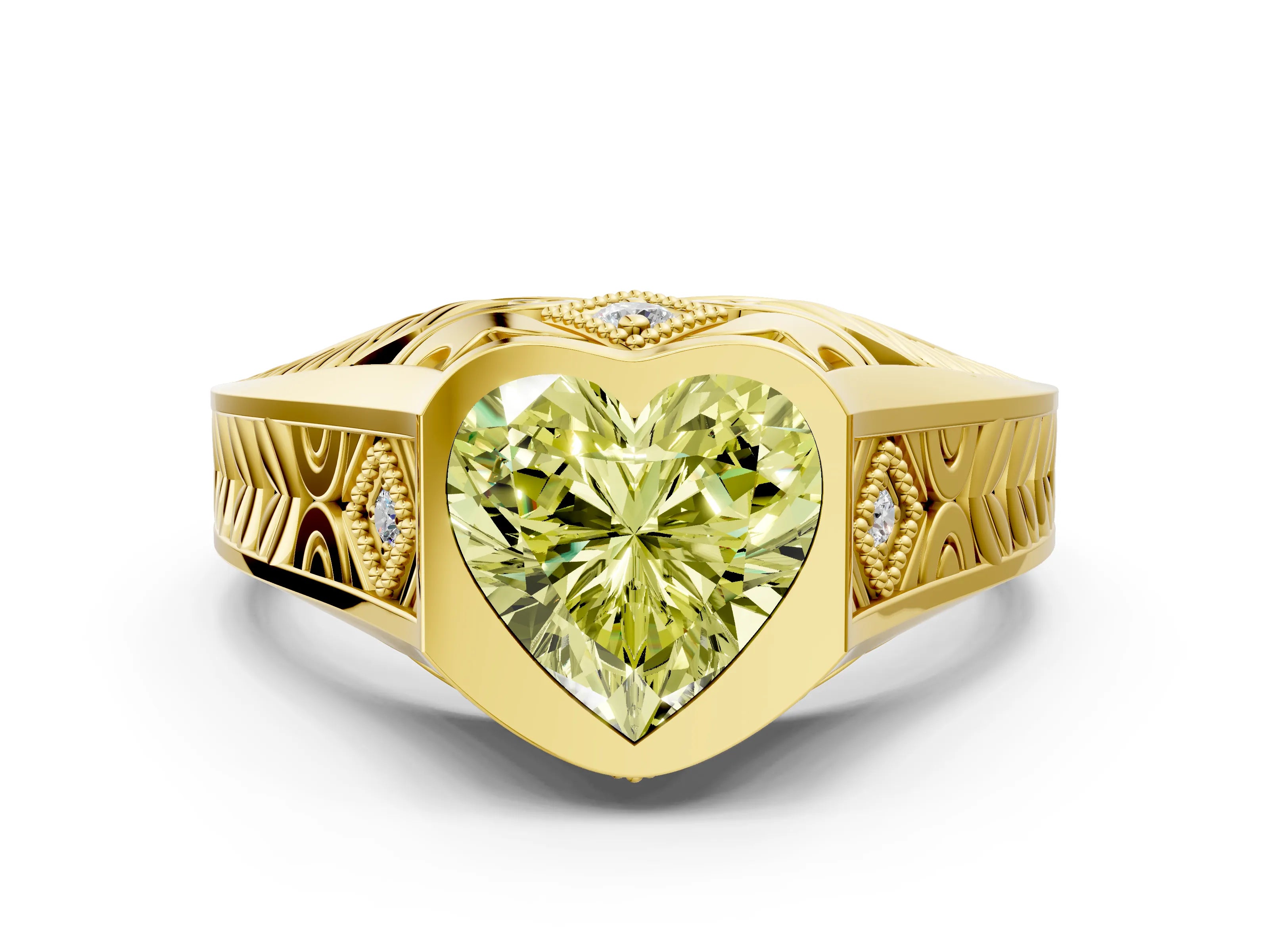 Yellow gold Hexagonal Bezel Fancy Yellow Heart Cut Diamond Engraved Band Prong Ring_12