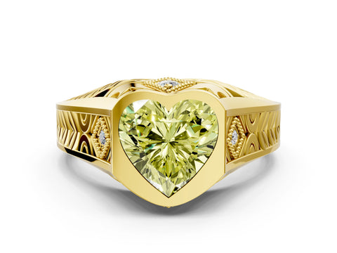 Yellow gold Hexagonal Bezel Fancy Yellow Heart Cut Diamond Engraved Band Prong Ring_12