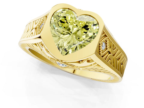 Yellow gold Hexagonal Bezel Fancy Yellow Heart Cut Diamond Engraved Band Prong Ring_13