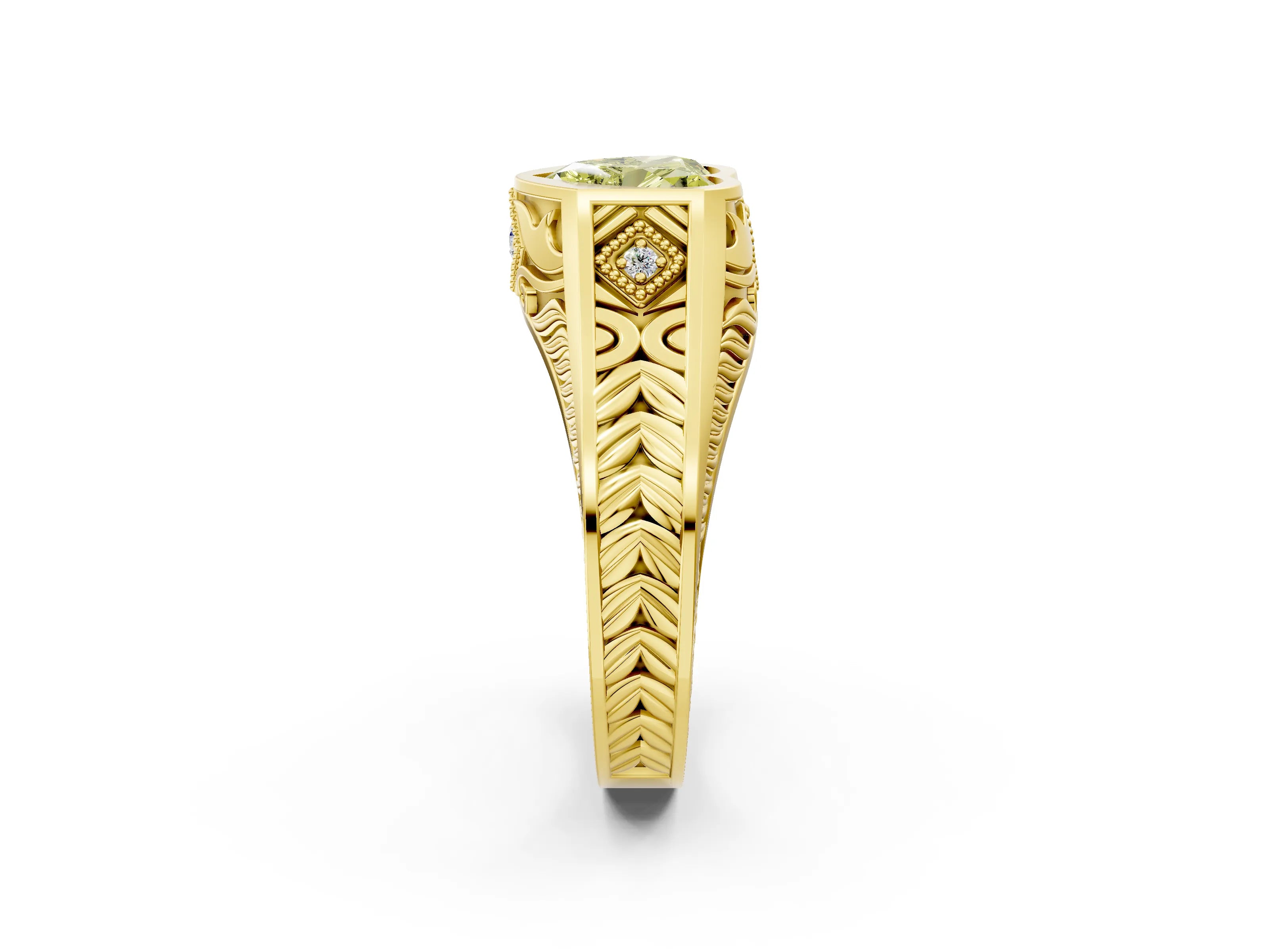 Yellow gold Hexagonal Bezel Fancy Yellow Heart Cut Diamond Engraved Band Prong Ring_14