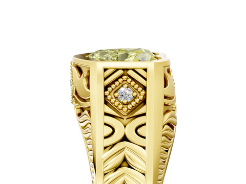 Yellow gold Hexagonal Bezel Fancy Yellow Heart Cut Diamond Engraved Band Prong Ring_17