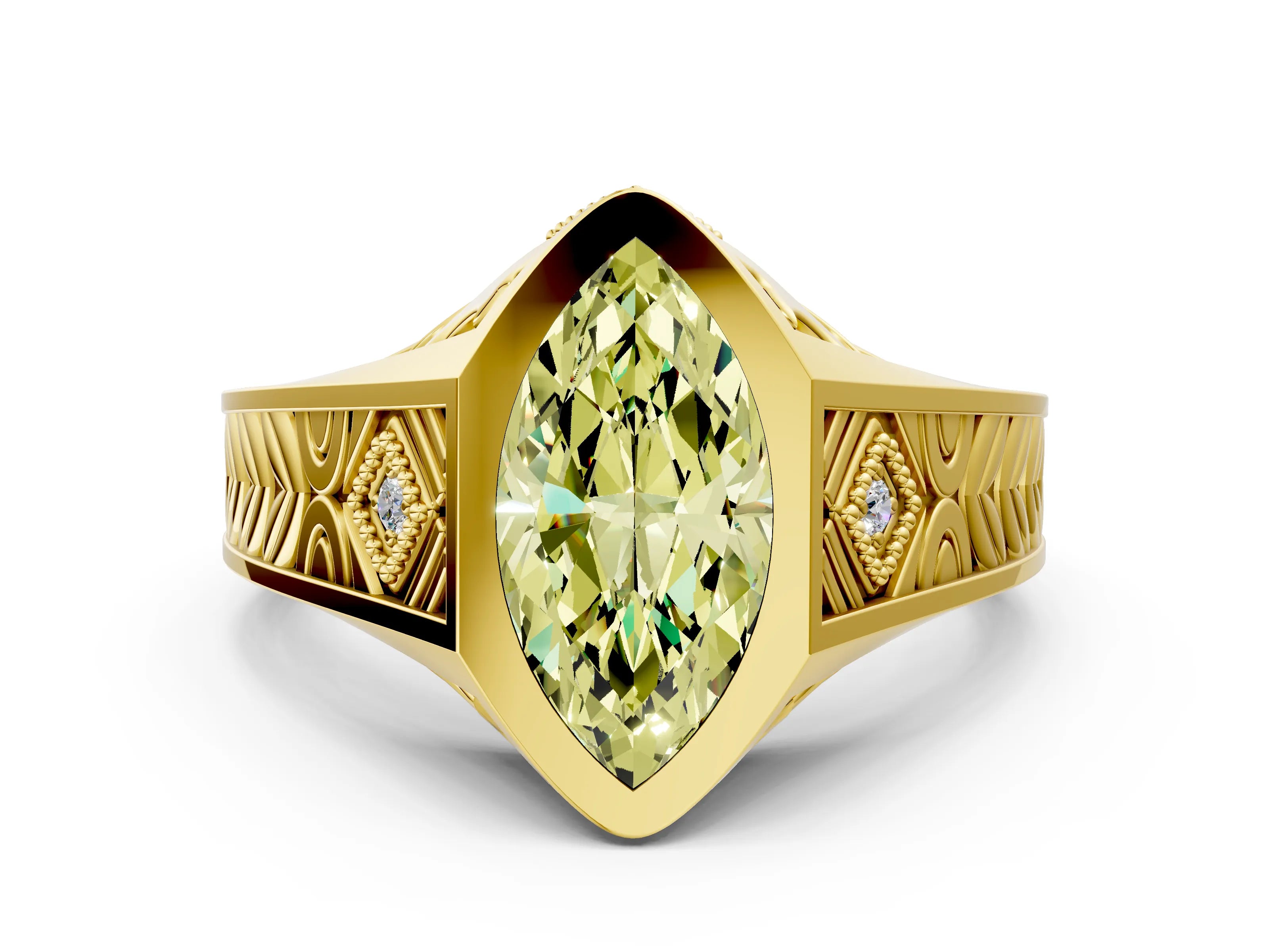 Yellow gold Hexagonal Bezel Fancy Yellow Marquise Cut Diamond Engraved Band Prong Ring
