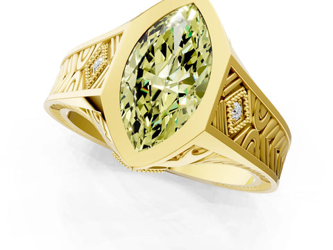 Yellow gold Hexagonal Bezel Fancy Yellow Marquise Cut Diamond Engraved Band Prong Ring_1