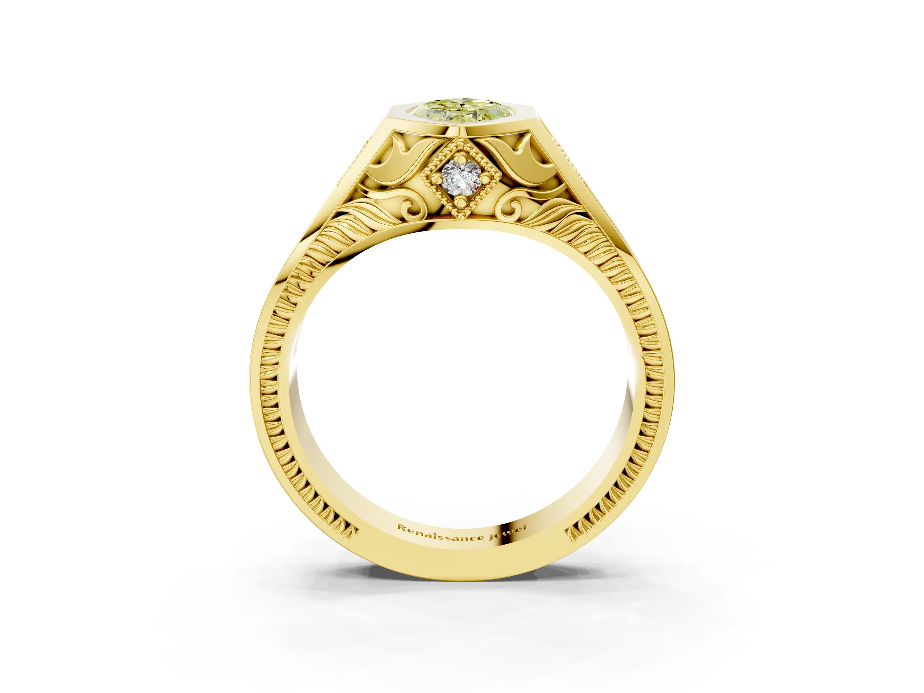 Yellow gold Hexagonal Bezel Fancy Yellow Marquise Cut Diamond Engraved Band Prong Ring_3