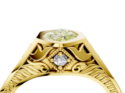 Yellow gold Hexagonal Bezel Fancy Yellow Marquise Cut Diamond Engraved Band Prong Ring_4