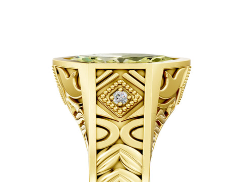 Yellow gold Hexagonal Bezel Fancy Yellow Marquise Cut Diamond Engraved Band Prong Ring_5