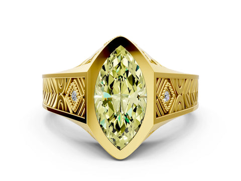 Yellow gold Hexagonal Bezel Fancy Yellow Marquise Cut Diamond Engraved Band Prong Ring