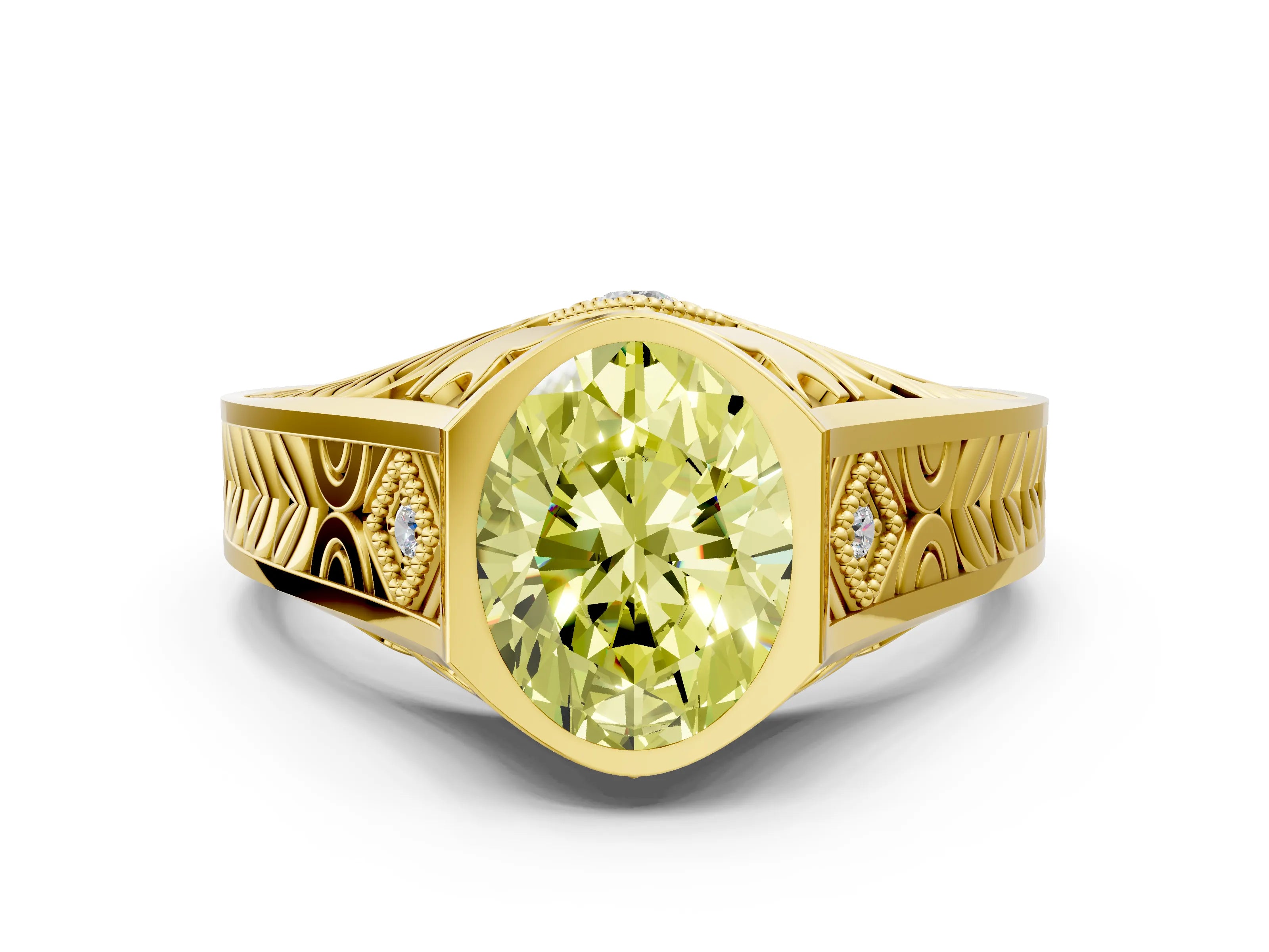 Yellow gold Hexagonal Bezel Fancy Yellow Oval Cut Diamond Engraved Band Prong Ring