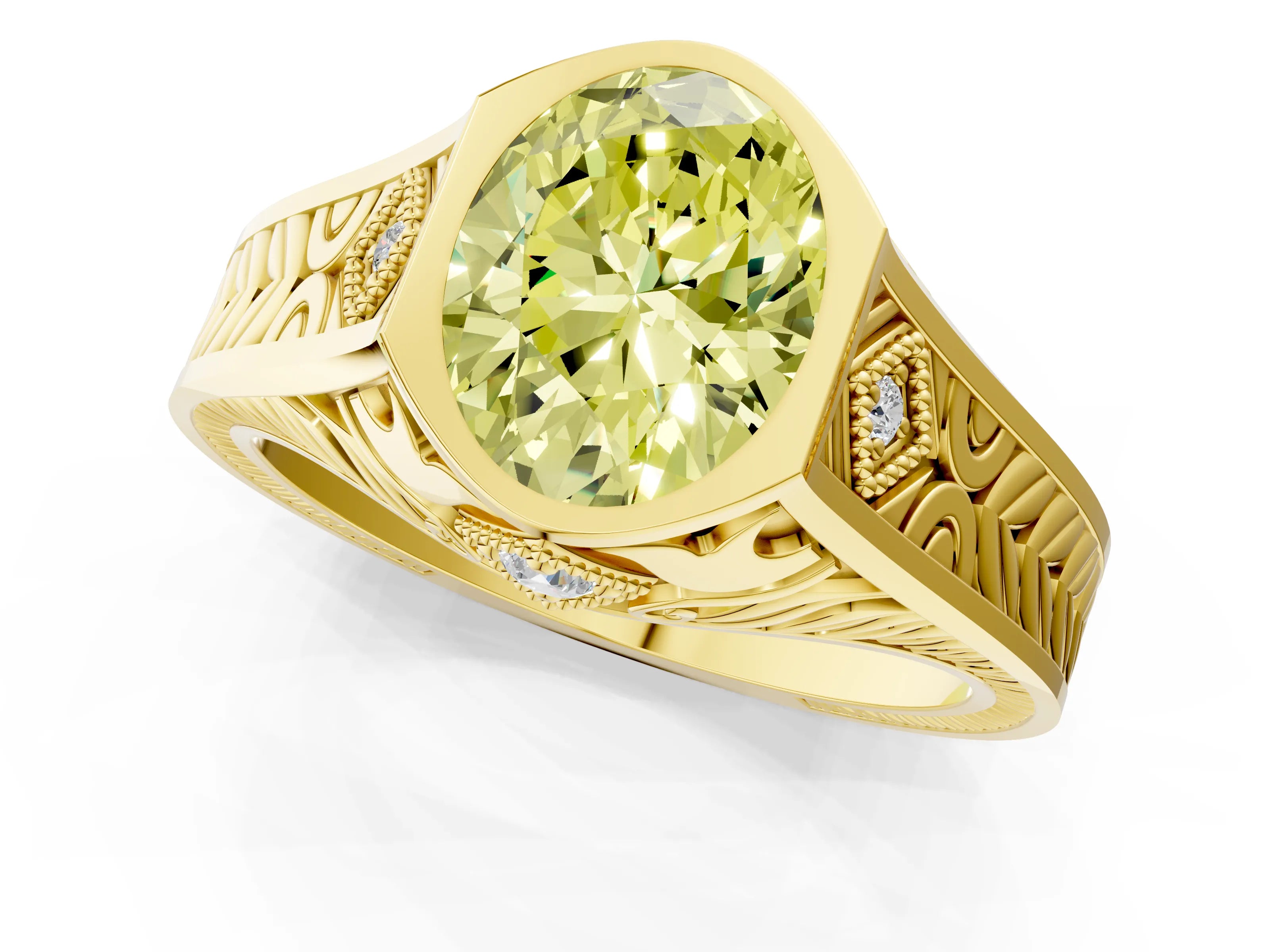 Yellow gold Hexagonal Bezel Fancy Yellow Oval Cut Diamond Engraved Band Prong Ring_1
